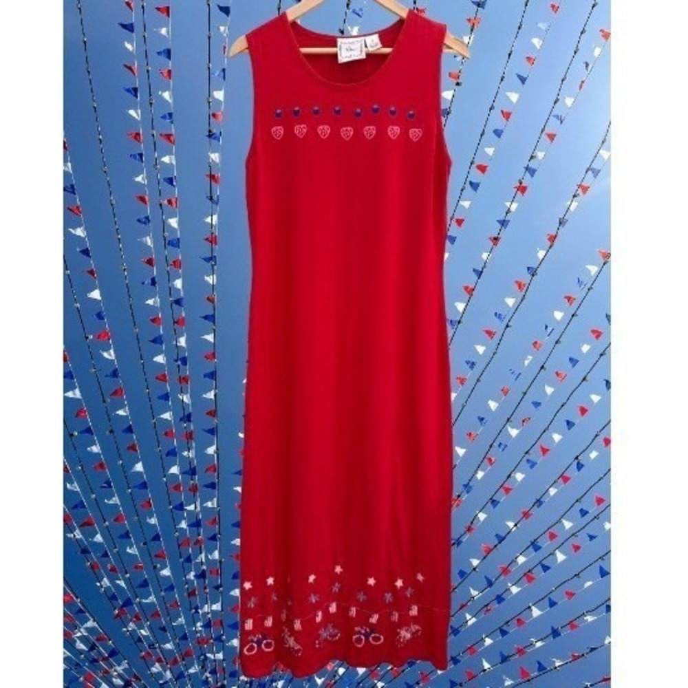 Vintage Michael Simon Embroidered Maxi Dress Americana Flag July Medium - Picture 2 of 4